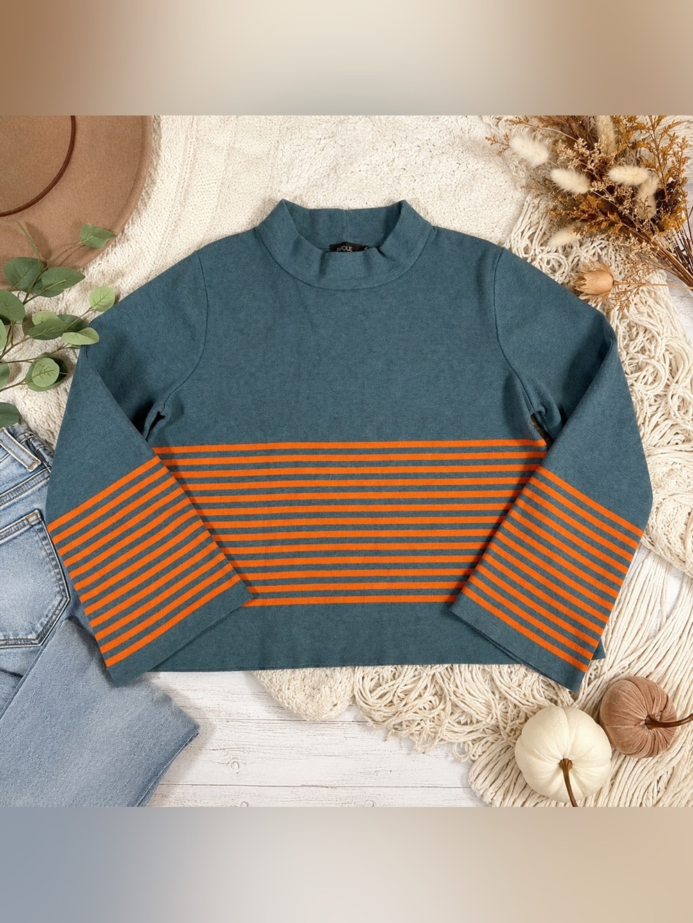 Roolee XL Mock Neck Sweater Teal Orange Stripe Bell Sleeve Cropped Knit Top